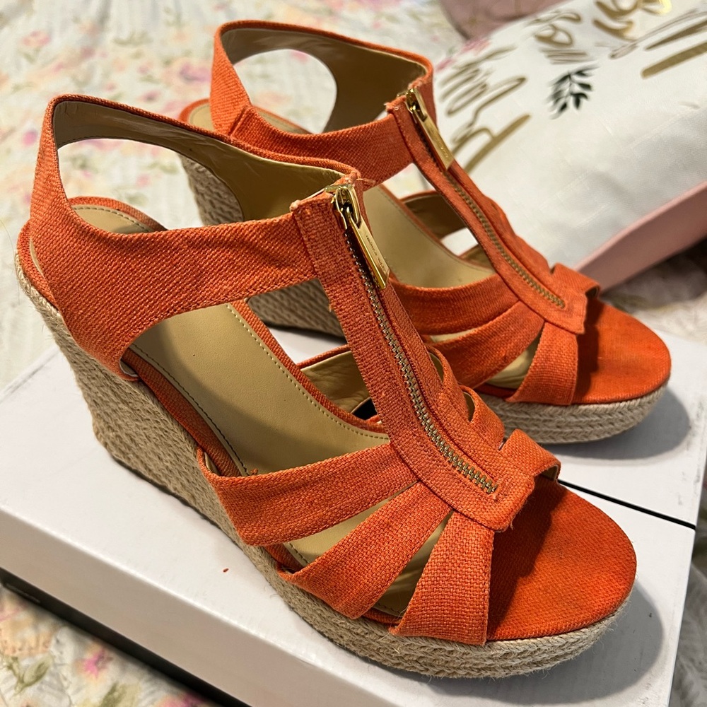 Orange Wedge Sandals with Espadrille Heel and T-Strap